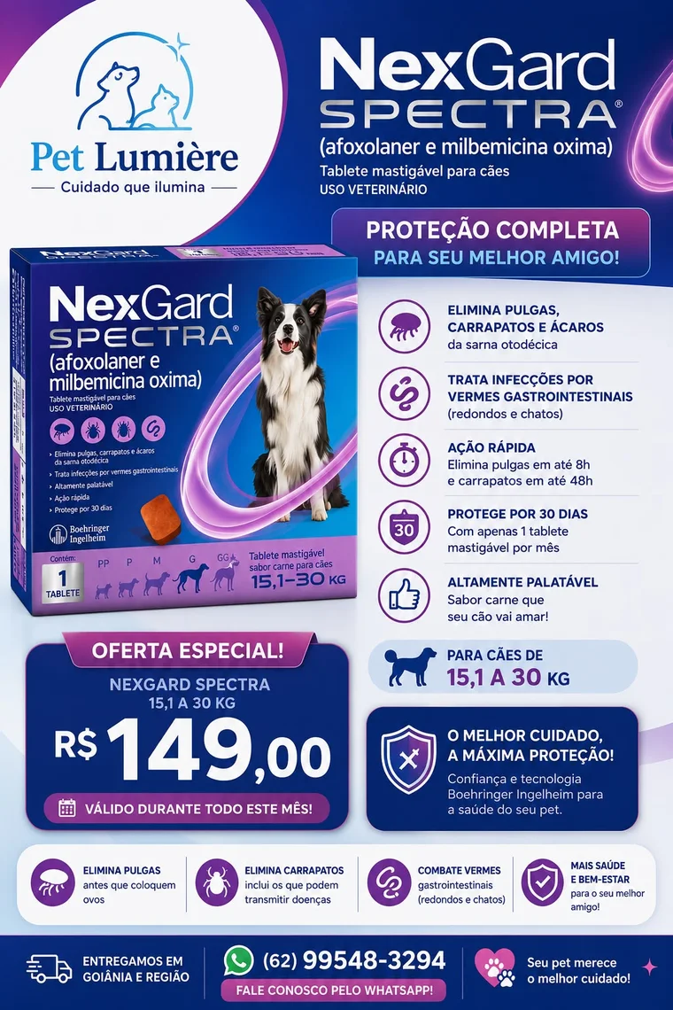 Oferta NexGard Spectra para cães de 15,1 a 30 kg por R$ 149,00