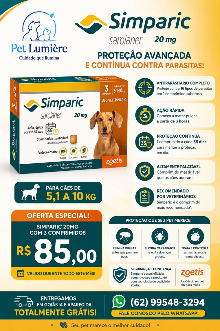 Oferta de 1 comprimido Simparic 20 mg por R$ 85,00; imagem da embalagem meramente ilustrativa